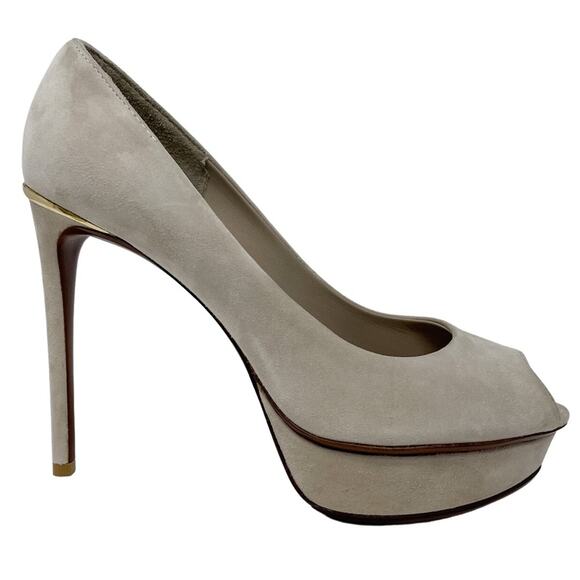 Louis Vuitton Eyeline neutral suede peep toe platform pumps size 37 US6.5 - Picture 11 of 14